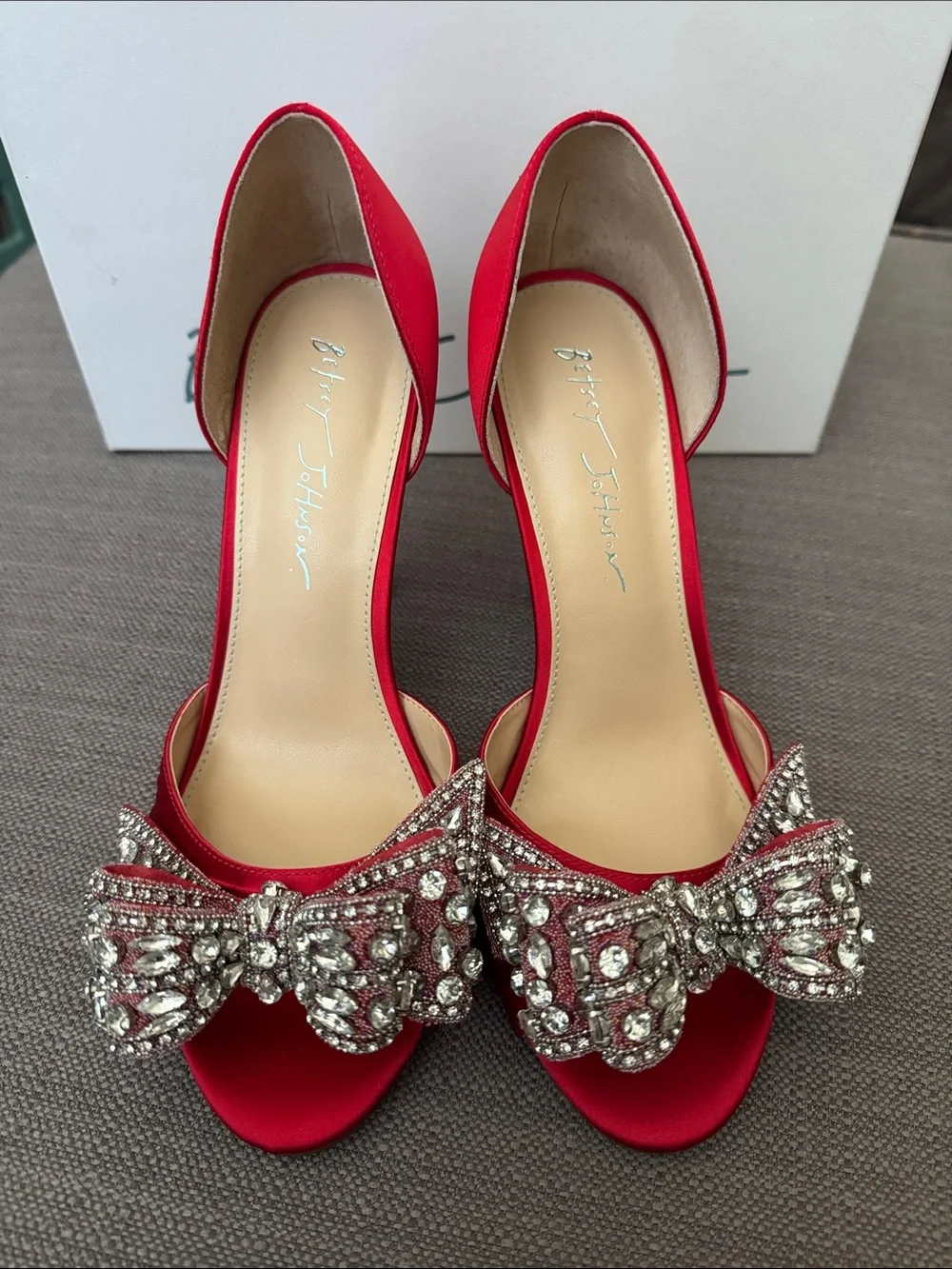 Betsey Johnson Red Satin Crystal Bow D'Orsay Heels - Picture 2 of 3
